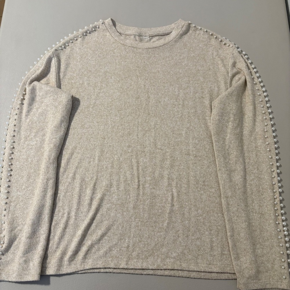 Pearl Embellished Long Sleeve Sweater Cream Speckled Knit Cozy Casual Top Sz M‎